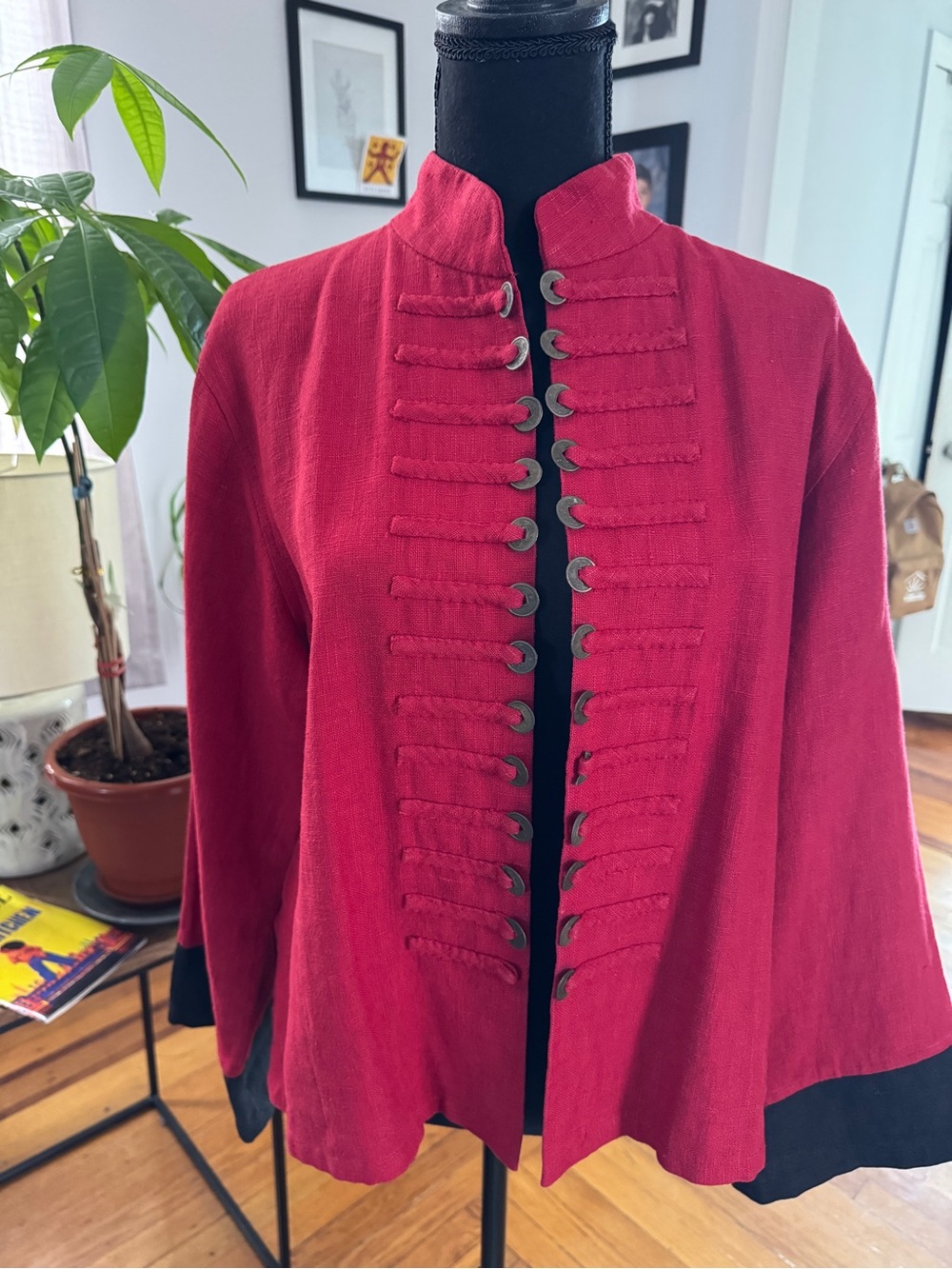 Peacock Ways Women’s Red Mandarin-Style Jacket with Metal Detail